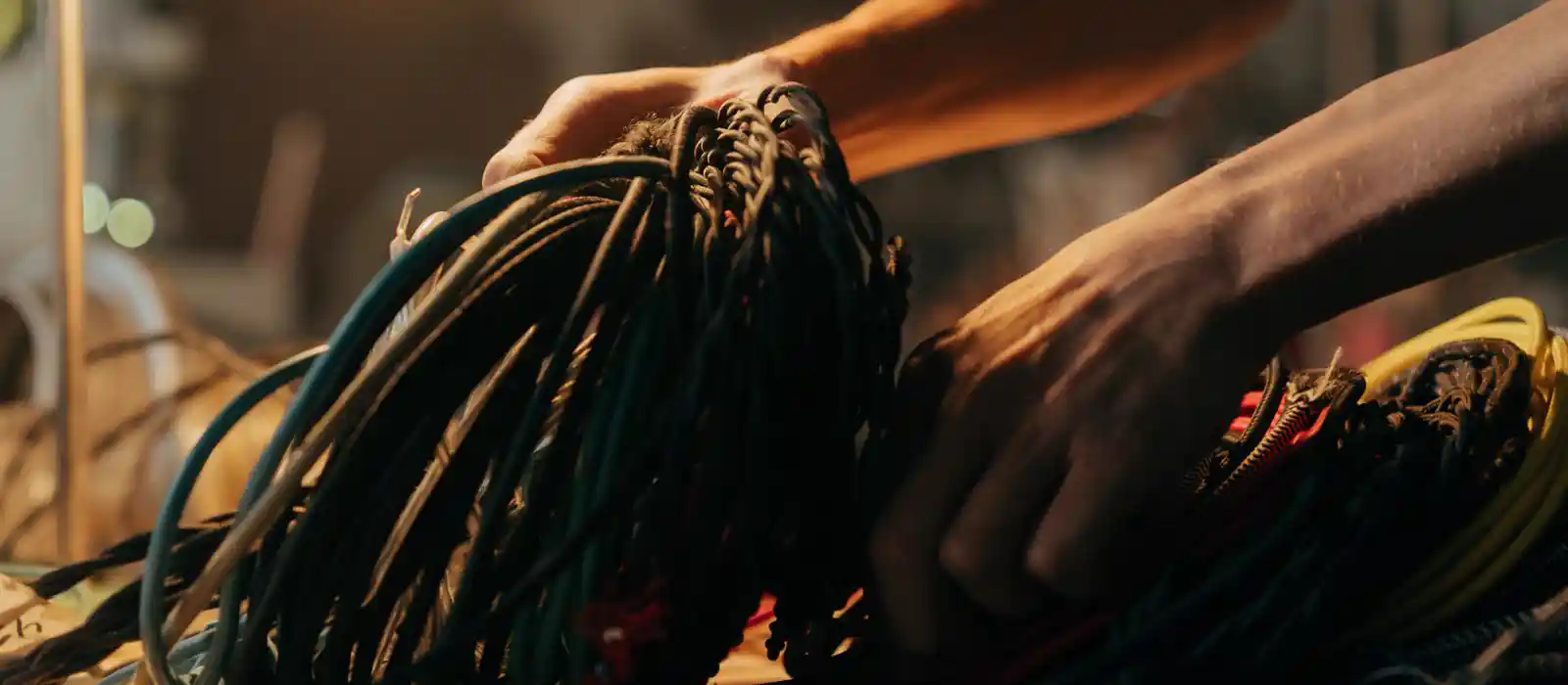 Hands sorting a bundle of electrical cables and wires in warm low light