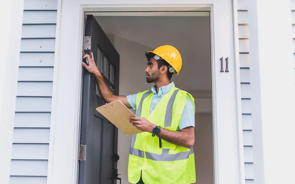 Inspector in a hard hat and safety vest with a clipboard at a home front door for the permit inspection