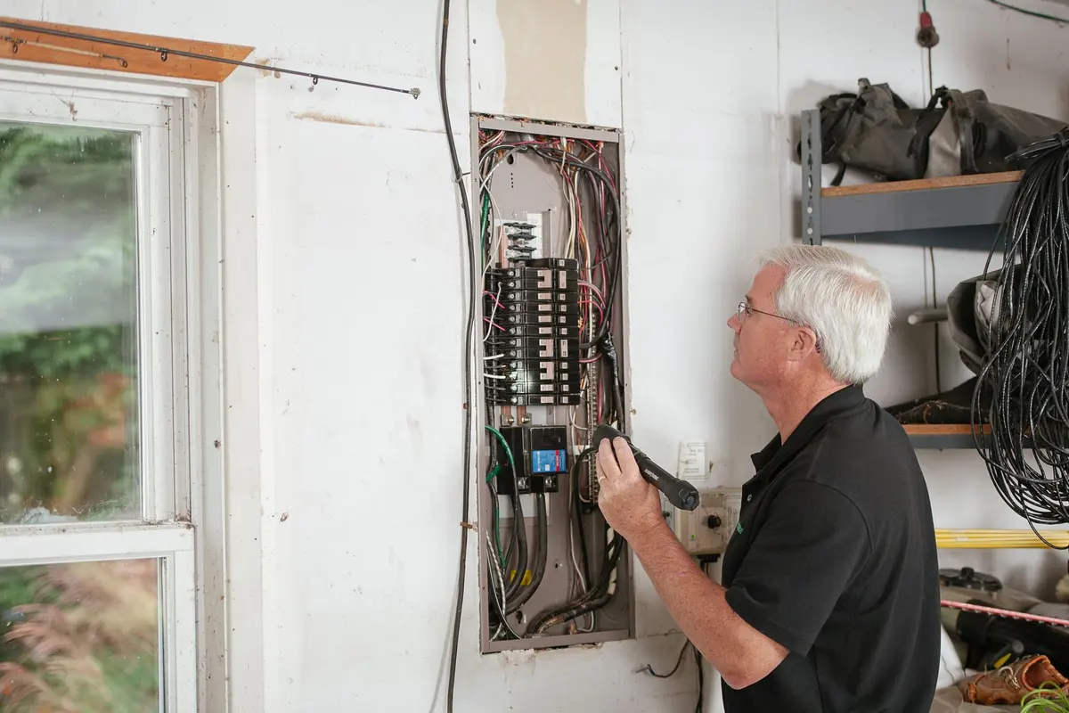 Older electrician checking a wall-mounted breaker panel in a garage